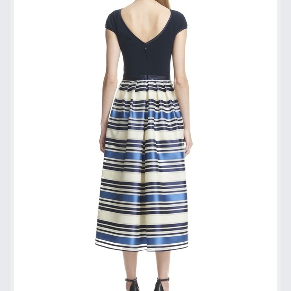 Theia Jacquard Nautical Stripe Midi Dress Blue Cap Sleeve V Back - Picture 2 of 12